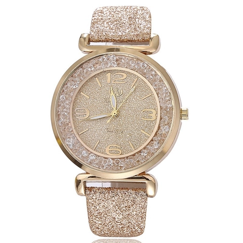 Elegant Women Quartz Watch With PU Leather Strap Rhinestone Diamond Bezel Glitter Dial Fashion Casual Ladies Wristwatch