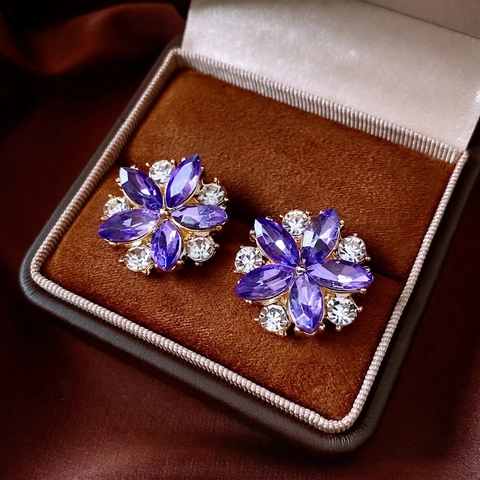 Pendientes De Botón Con Flores Moradas Aleación Cristal Con Poste De Plata Estilo Francés Vintage Elegante Joyería Mujer