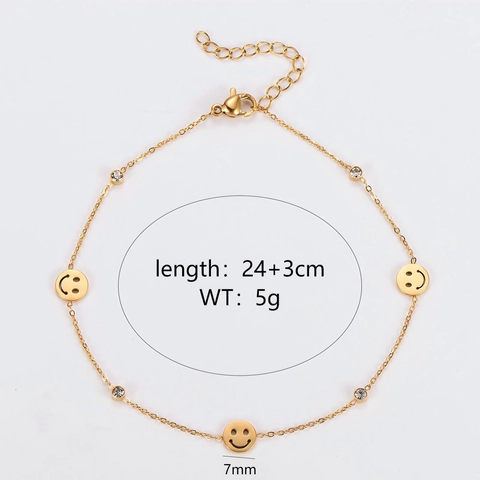 Smile Gesicht Anhänger Fußkettchen 304 Edelstahl 18K Vergoldet Strass Eingelegt Minimalistischer Schmuck Für Damen