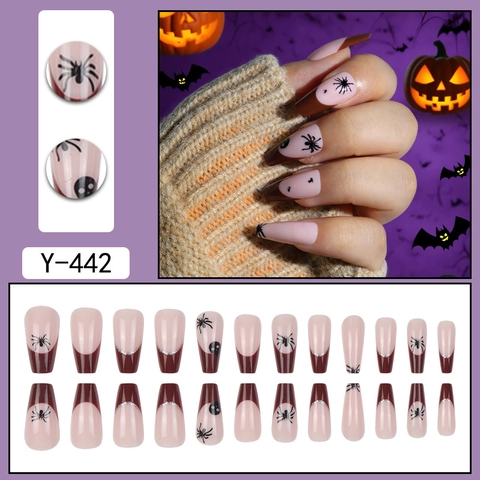 Halloween Unghie Finte A Pressione ABS Acrilico Motivo Ragnatela Teschio Lunga Bara Ballerina Punta Francese Per Donne