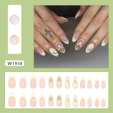 Faux Ongles Press On Forme Amande Style Français Fleur De Tulipe Nœud Blanc Couverture Totale Ongles Artificiels Pour Femmes