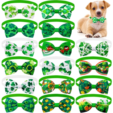 St Patricks Day Pet Bow Tie Green Shamrock Print Adjustable Grosgrain Ribbon Necktie For Dog Cat Festive Decor