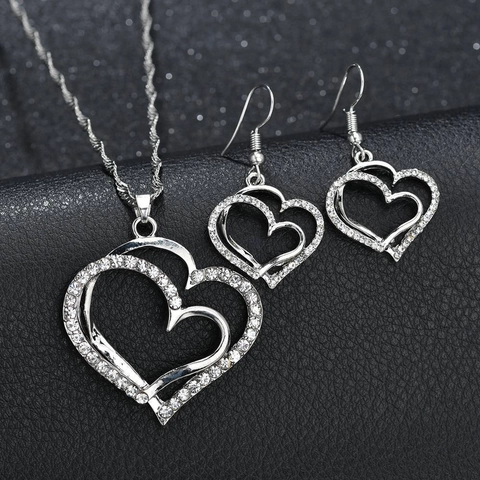Mode Ineinandergreifende Doppelte Herz Halskette Ohrringe Armband Zinklegierung Pave Strass Hochzeit Bankett Schmuck Für Damen