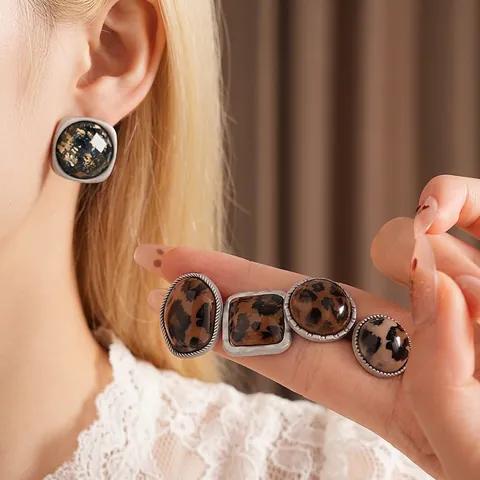 Retro Leopard Print Geometric Stud Earrings With Alloy Acrylic And 925 Sterling Silver Earring Post Vintage For Women