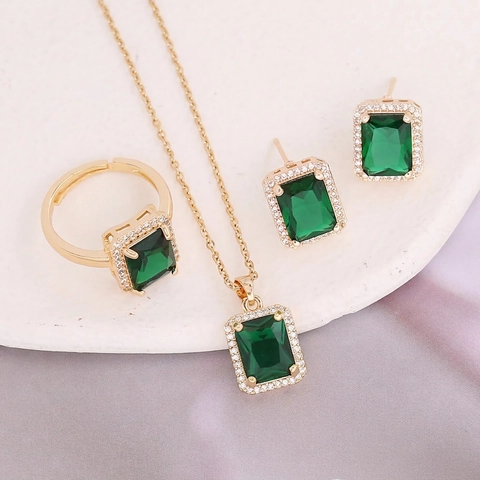 Smaragdschliff Zirkon Anhänger Halskette Ohrring Und Ring Kupfer Halo Micro Pave Eleganter Modeschmuck Für Damen