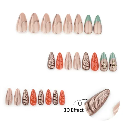 Almond Shape Press On Nails With Metal Cross Decor 3D Texture Punk Style Glossy False Nail Tips Mixed Colors