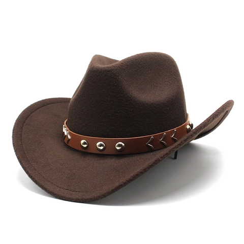 Cappello Cowboy Western Vintage Feltro Lana Tesa Larga Fedora Con Cintura Pelle Borchie Metallo Uomini Donne