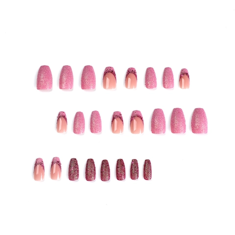 Ongles À Presser French Tip À Paillettes Roses Forme Ballerine Cercueil Faux Ongles Pour Femmes Filles Manucure Réutilisable DIY
