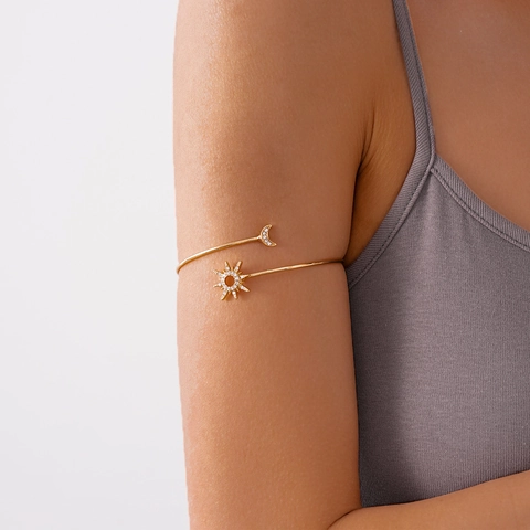 Bracciale Aperto Sole Luna Lega Zircone Polsino Regolabile Gioielli Design Elegante Per Donna Accessorio Moda