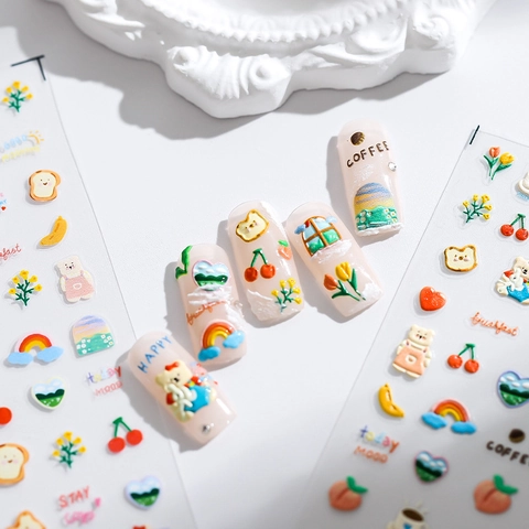 Adesivi Per Nail Art In Rilievo 3D Orso Cartone Animato Fiore Arcobaleno Autoadesivo Texture 5D Stile Giapponese Decorazione Manicure