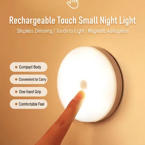 LED Night Light USB Rechargeable Round Plastic PC Bedside Lamp Touch Control Stepless Dimming Magnetic For Bedroom Dorm