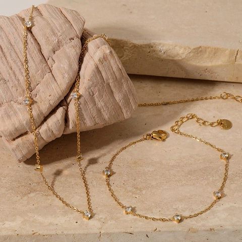 Collana Bracciale E Cavigliera Minimalisti In Acciaio Inossidabile Con Pietre Di Zircone Trasparente Tonde Gioielli Eleganti Per Donne