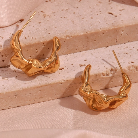 French Minimalist Stainless Steel Moon Shape Irregular Folded Stud Earrings 18K Gold Plated Lava Texture Fashion Jewelry For Women