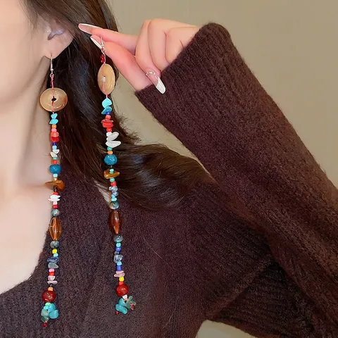 Boho Extra Lange Quastenohrringe Mit Bunten Harzperlen Und Kunststeinen Legierungshaken Für Damen Vintage Ethischer Stil