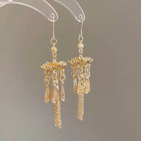 Lotus Tassel Drop Earrings Retro Chinese Style Golden Copper With Steel Earring Post Hollow Flower Long Chain For Women