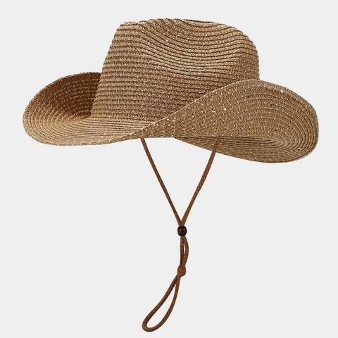 Straw Cowboy Hat Western Wide Brim Sequin Sun Protection Foldable Windproof Strap Fashion Women Summer