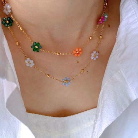 Stainless Steel Pink Rose Quartz Water Drop Pendant Necklace For Women Rainbow Daisy Flower Charm Double Layer Fashion Jewelry