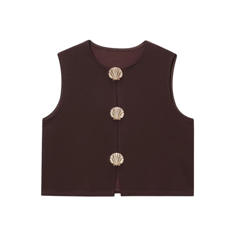 Women Round Neck Vest Top Vintage Gold Shell Button Solid Casual Polyester Sleeveless Waistcoat