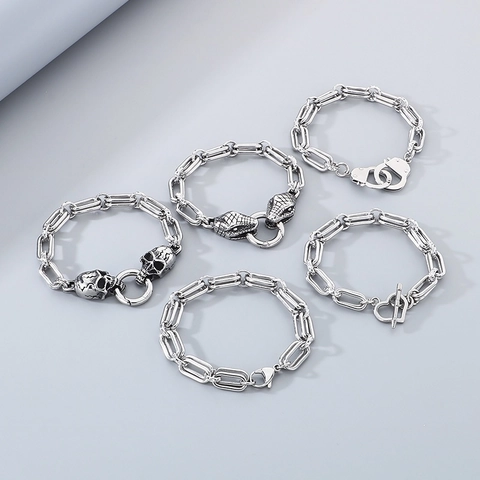 Men Bracelet Stainless Steel Punk Gothic Skull Snake Head Handcuff Heart Vintage Silver Color Heavy Chain Jewelry