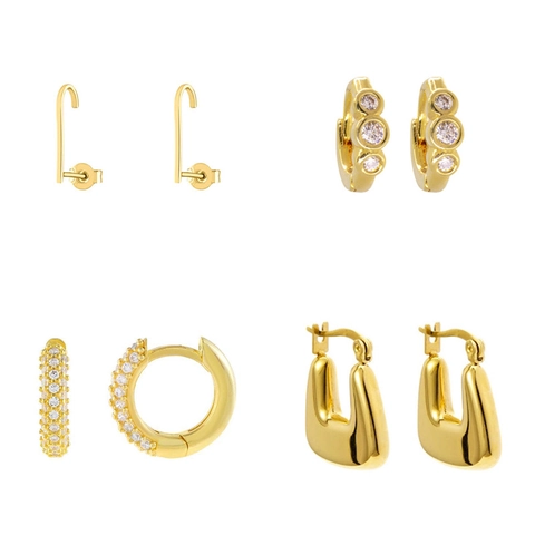 Geometric Hoop Earrings For Women Copper Gold Plated Zircon Inlaid Minimalist U Shape French Retro Light Luxury Jewelry
