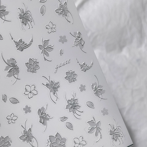 5D Embossed Nail Art Stickers White Floral 3D Relief Self Adhesive Manicure Decoration Elegant Flower Design