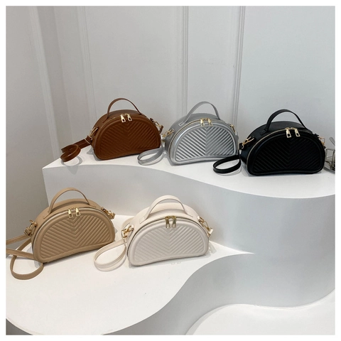 Women PU Leather Quilted Shoulder Bag V-Shaped Pattern Half-Moon Handbag Gold Zipper Top Handle Adjustable Strap