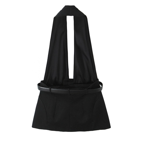 Women Halter Neck Top Polyester Slim Fit Solid Black Crop Top With Faux Leather Belt Metal Buckle Fashionable Streetwear