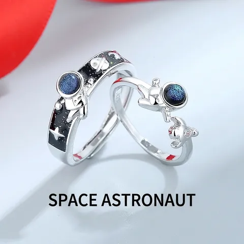 Anelli Di Coppia Astronauta Rame Placcato Argento Smalto Pietra Blu Aperto Regolabile Gioielli Regalo