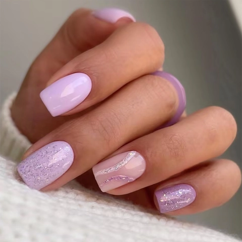 Purple Ice Transparent Press On Nails Short Square Glitter Wave Design Artificial Fake Nails For DIY Manicure Women