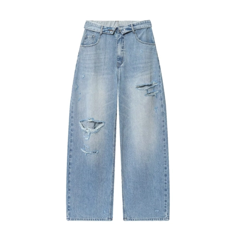 Women Wide Leg Jeans Denim Pants Folded Waistband Distressed Ripped Streetwear Retro Casual Sexy Style Pockets