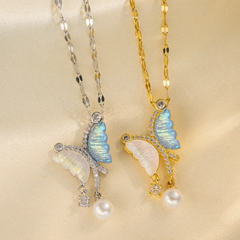 Collar Con Colgante De Mariposa Acero Inoxidable Nácar Irisado Circonita Asimétrica Joyería Elegante Para Mujer