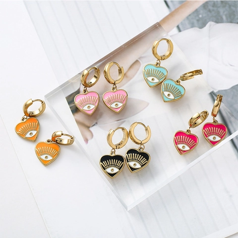 Heart Evil Eye Drop Earrings Stainless Steel Enamel Drip Oil Jewelry For Women Personality Stylish