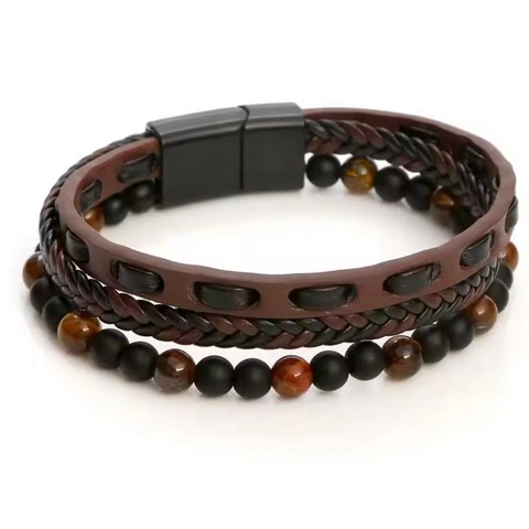 Men Multi Layer Woven Leather Bracelet Tiger Eye Stone Lava Beads Alloy Magnetic Clasp Punk Retro Jewelry