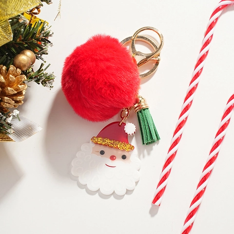 Portachiavi Di Natale Babbo Natale Ciondolo In Acrilico Palla Di Ecopelliccia Rossa Nappina Verde Portachiavi In Metallo Ciondolo Per Borsa