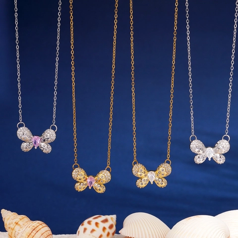 Koreanischer Stil Kupfer Schmetterling Anhänger Halskette Eingelegter Zirkonia Elegante Süße Schlüsselbeinkette Mode Schmuck Für Damen