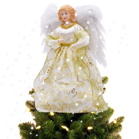 Elegant Christmas Angel Tree Topper With LED Lights Feather Wings White Fabric Gown Holiday Decor For Home