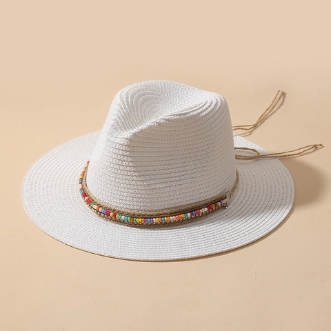 Cappello Fedora Di Paglia Boho Estate Spiaggia Parasole Panama Con Perline Colorate Conchiglie E Decorazioni Stile Turchese