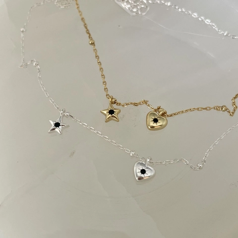 Collana In Argento Sterling 925 Con Ciondoli A Stella E Cuore Zircone Nero Stile Coreano Minimalista Per Donna