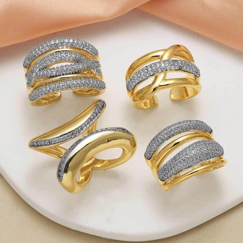Fashion Adjustable Open Ring Copper Gold Plated Micro Pave Cubic Zirconia Multi Layer Cross Dual Color Minimalist Jewelry
