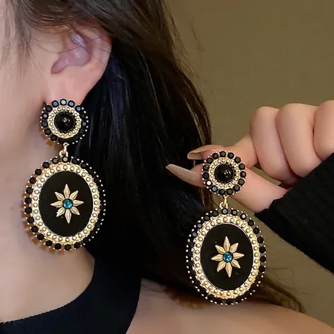 Orecchini A Goccia Barocchi Vintage Con Perno In Argento Sterling 925 Lega Resina Nera Stella A Otto Punte Gioielli