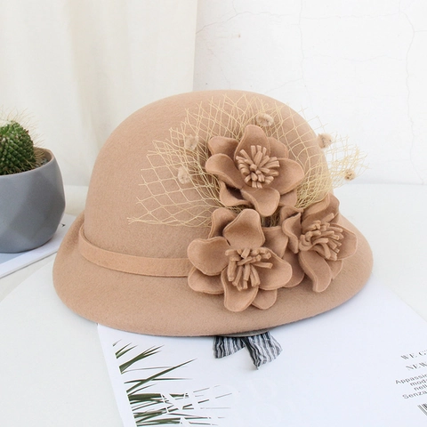 Damen Vintage Wollfilz Glockenhut Eleganter Dome Hut Mit Netzschleier Und Blumendekor Winter Warm Mode