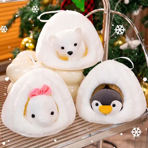 Plush Animal Doll In Snow Den Igloo Penguin Polar Bear Whale Soft Toy Christmas Hanging Ornament Kawaii Winter Gift