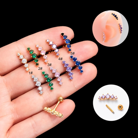 Caterpillar Cartilage Stud Earrings With Colorful Zircon Inlaid Stainless Steel Bar And Copper For Women Stylish Jewelry