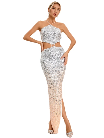 Gradiënt Pailletten Halter Top En Maxi Jurk Met Zijsplit Dames Rugloos Bodycon Avondfeest Clubwear