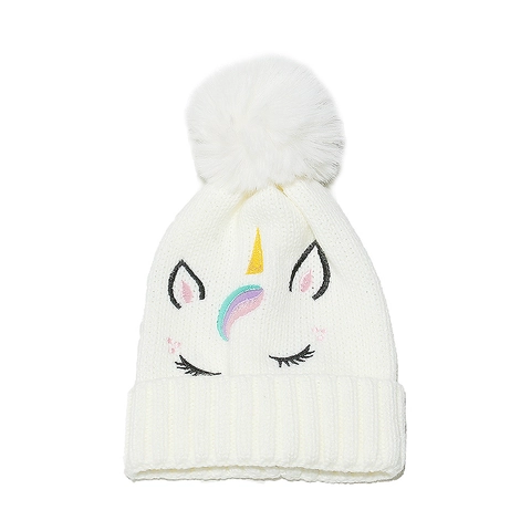Kids Girls Unicorn Embroidered Knitted Beanie Hat With Pom Pom Warm Winter Acrylic Soft White Cute Cartoon Accessory
