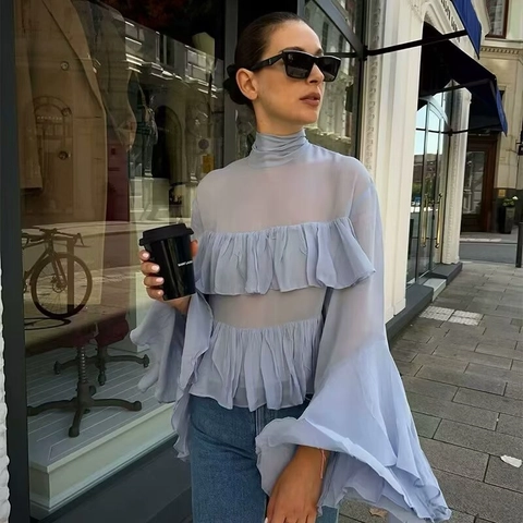 Women Chiffon Blouse Tiered Ruffles Flare Sleeve High Neck Solid Color Elegant Sweet Spring Fashion Top