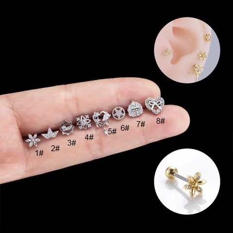 Stainless Steel Zircon Ear Cartilage Studs Flower Heart Star Small Screw Ball Back Body Piercing Jewelry