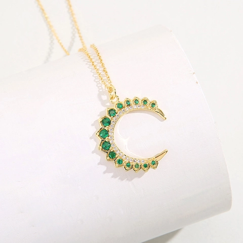 Collana Con Pendente Mezzaluna Zircone Verde Smeraldo Rame Placcato Oro Micro Intarsio Accessori Di Moda Donna