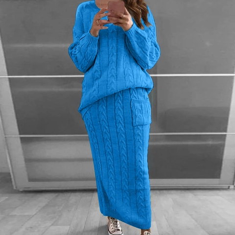 Women's Casual Cable Knit Sweater And Midi Skirt Set Long Sleeve Solid Color Knitted Two Piece Outfit Top And Bottom