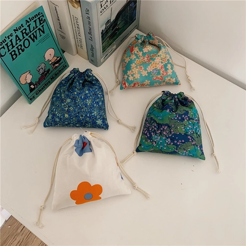 Japanese Floral Cotton Linen Drawstring Bag Portable Travel Makeup Jewelry Storage Pouch Mini Organizer Gift Bag